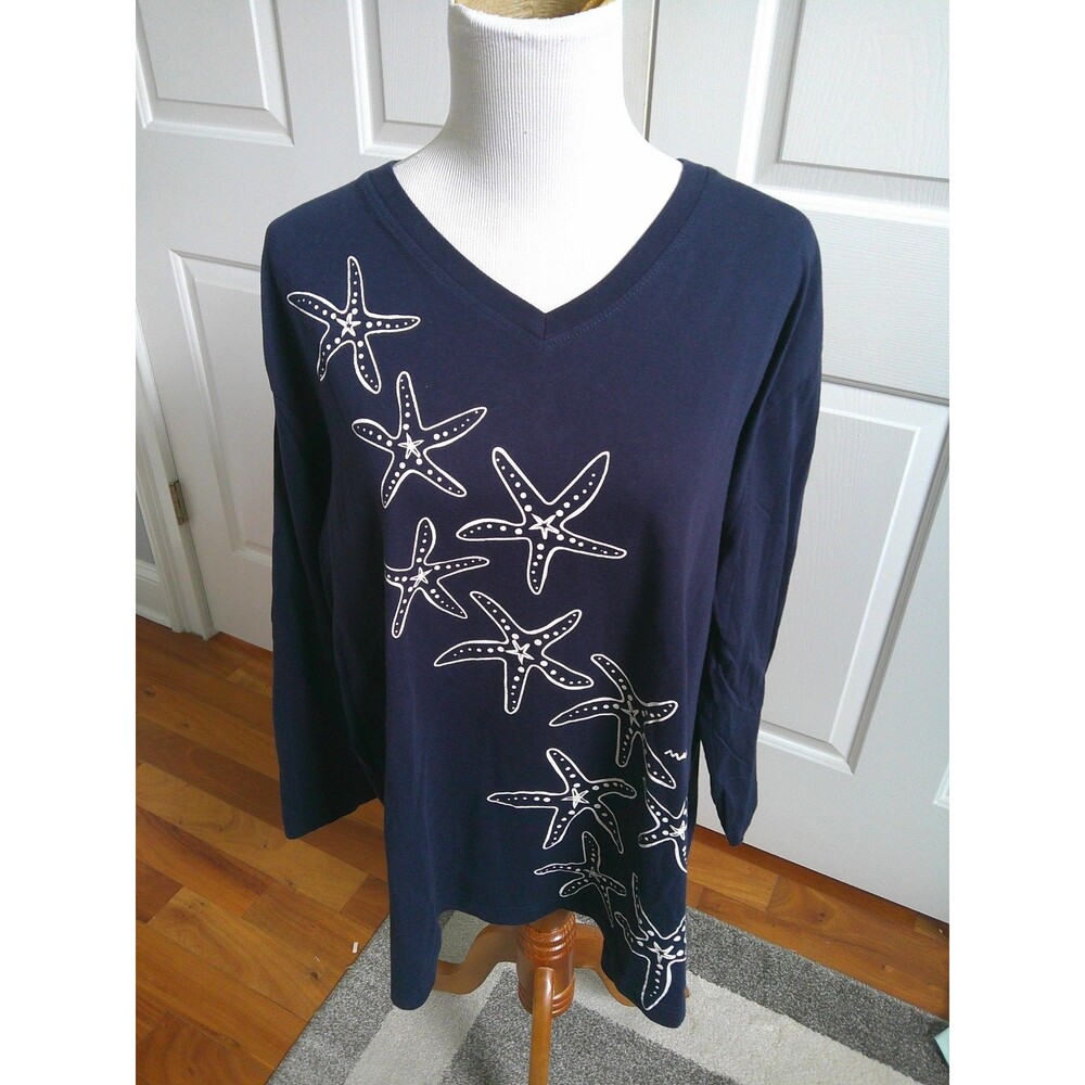 FUN  Marushka Navy Blue Starfish Print  3/4 Sleeve V Neck Tee  XXL . Perfect